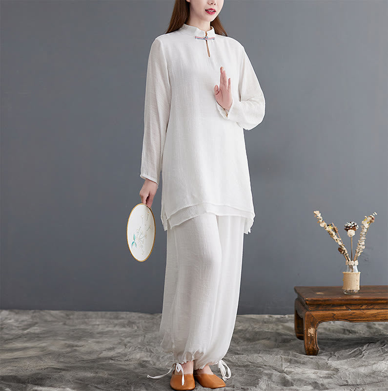 Ensemble de vêtements de méditation pour femme, chemise à manches longues et pantalon, 2 pièces, Buddha Stones - Blanc - US8-10，UK/AU12-14，EU40-42 (2XL) - image 13