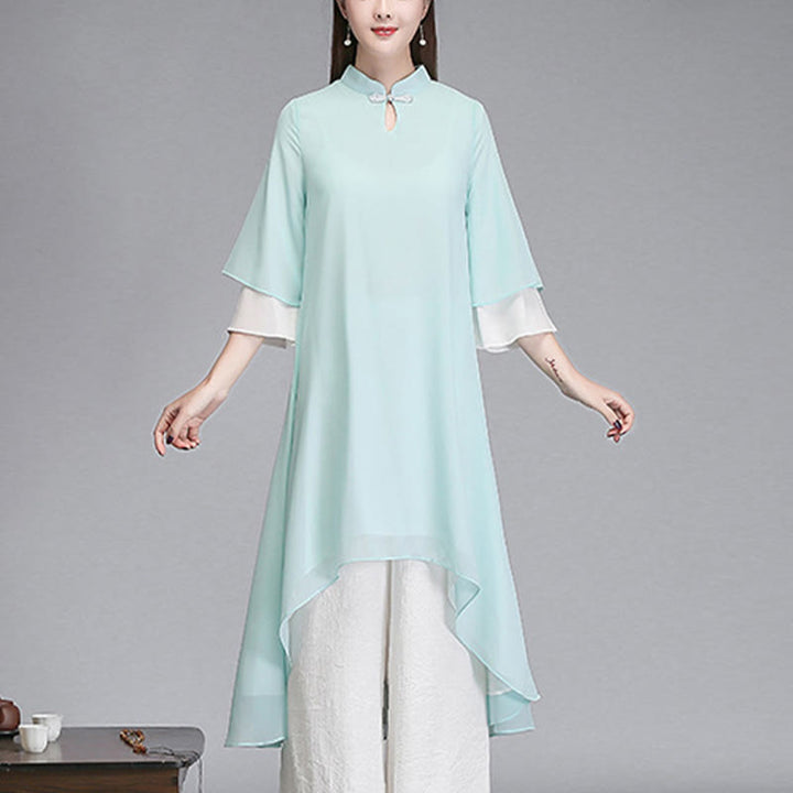 Robe chemise irrégulière en mousseline de soie à manches trois-quarts pour femme avec Buddha Stones, pantalon à jambe large, vêtements de méditation