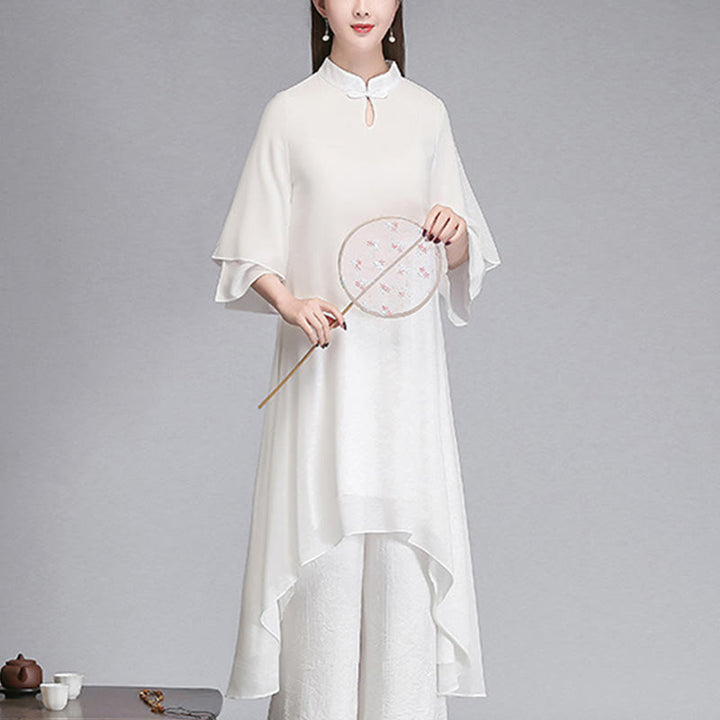 Robe chemise irrégulière en mousseline de soie à manches trois-quarts pour femme avec Buddha Stones, pantalon à jambe large, vêtements de méditation