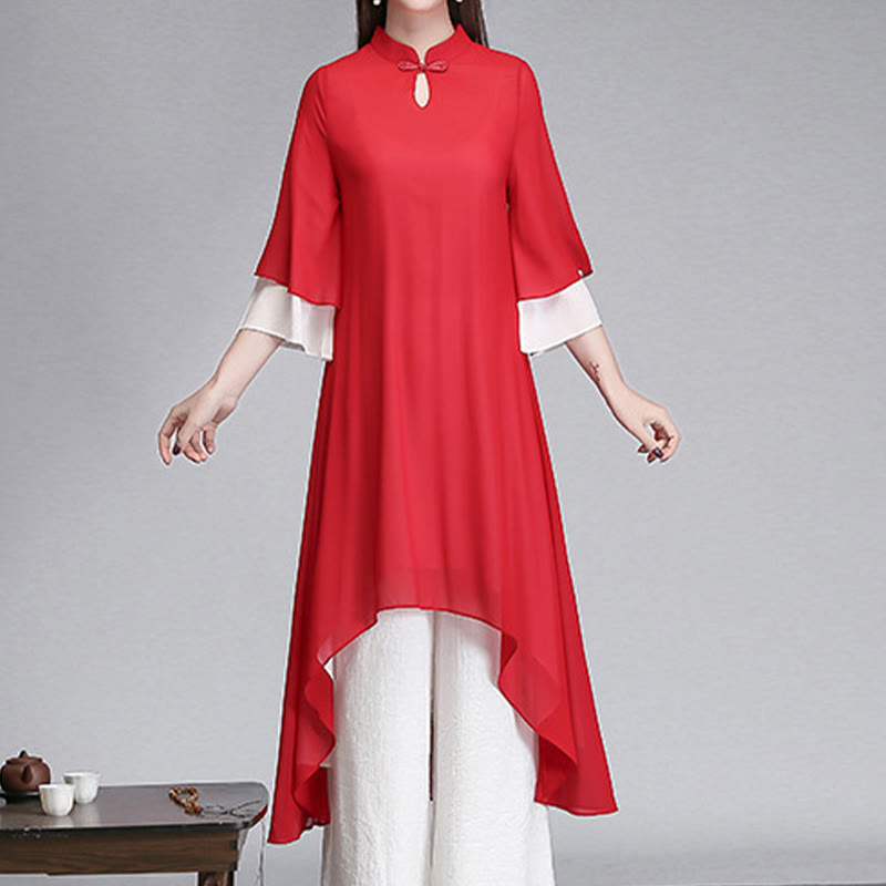 Robe chemise irrégulière en mousseline de soie à manches trois-quarts pour femme avec Buddha Stones, pantalon à jambe large, vêtements de méditation