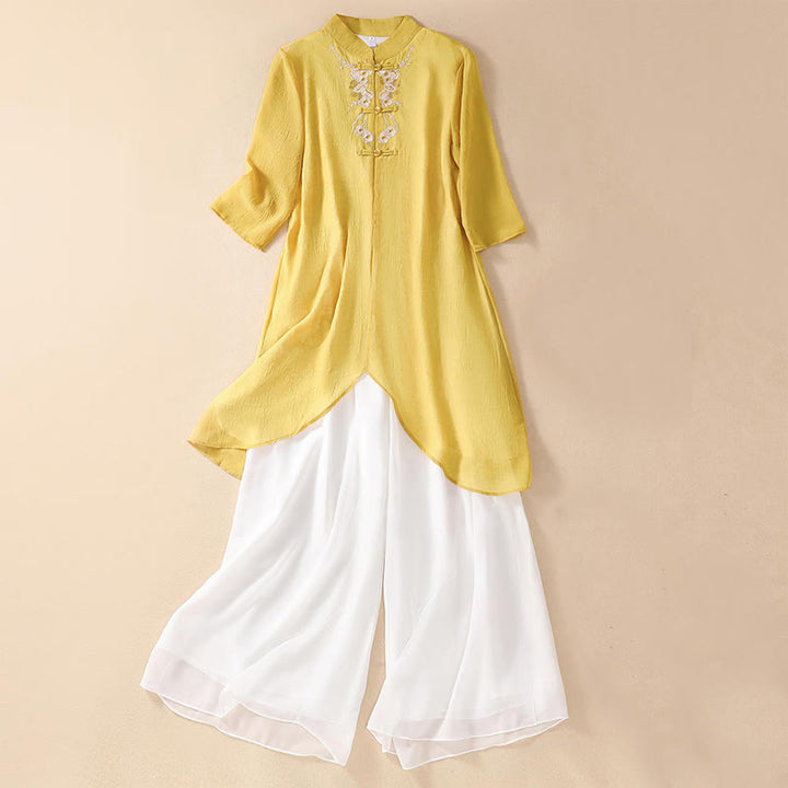 Robe chemise à boutons-grenouilles et broderies de fleurs pour femmes Buddha Stones Pantalon à jambe large - image 0