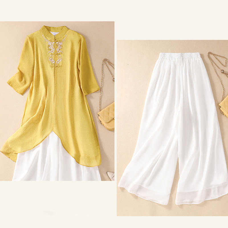 Robe chemise à boutons-grenouilles et broderies de fleurs pour femmes Buddha Stones Pantalon à jambe large - image 14