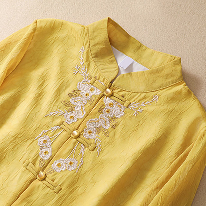 Robe chemise à boutons-grenouilles et broderies de fleurs pour femmes Buddha Stones Pantalon à jambe large - Chemise jaune - US8-10，UK/AU12-14，EU40-42 (2XL) - image 1