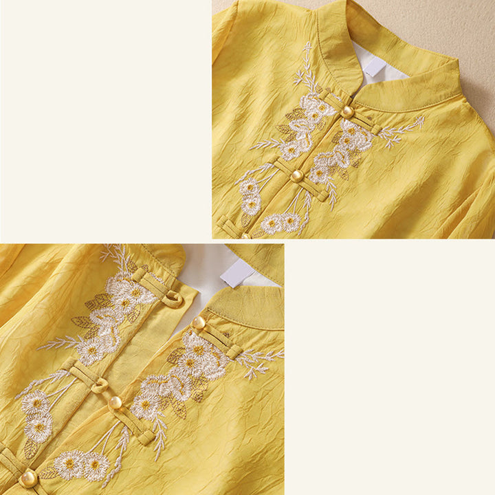 Robe chemise à boutons-grenouilles et broderies de fleurs pour femmes Buddha Stones Pantalon à jambe large - image 13