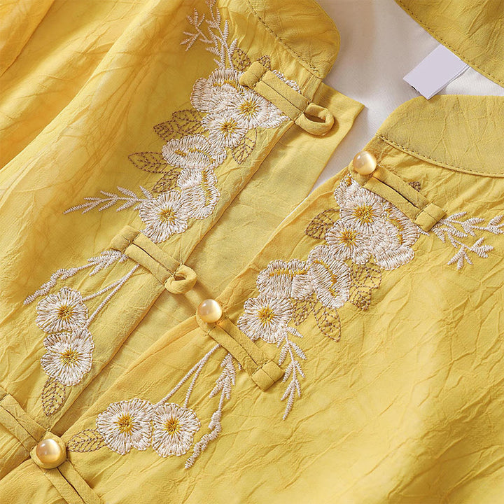 Robe chemise à boutons-grenouilles et broderies de fleurs pour femmes Buddha Stones Pantalon à jambe large - image 5