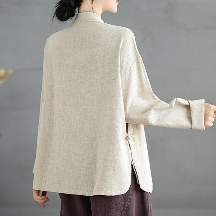 Chemise à manches longues et boutons grenouille de couleur unie Buddha Stones pour femme - image 4