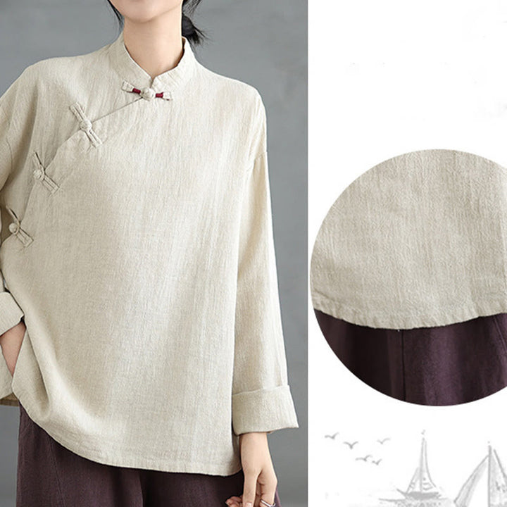 Chemise à manches longues et boutons grenouille de couleur unie Buddha Stones pour femme - image 7