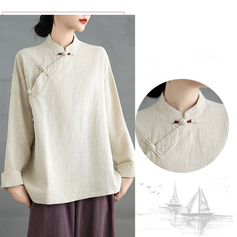 Chemise à manches longues et boutons grenouille de couleur unie Buddha Stones pour femme - image 6