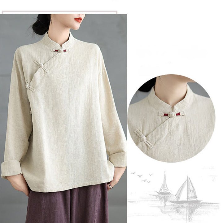 Chemise à manches longues et boutons grenouille de couleur unie Buddha Stones pour femme - image 6