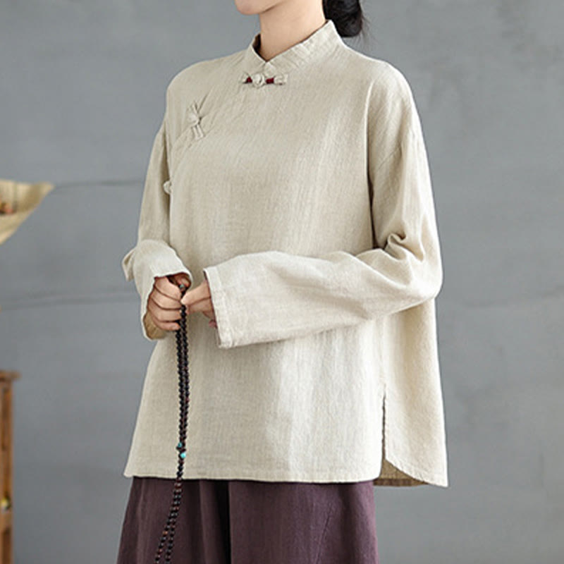 Chemise à manches longues et boutons grenouille de couleur unie Buddha Stones pour femme - image 5