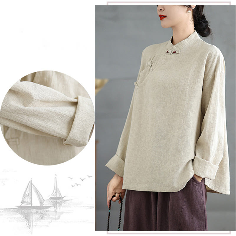 Chemise à manches longues et boutons grenouille de couleur unie Buddha Stones pour femme - image 8