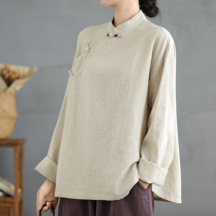 Chemise à manches longues et boutons grenouille de couleur unie Buddha Stones pour femme - image 3