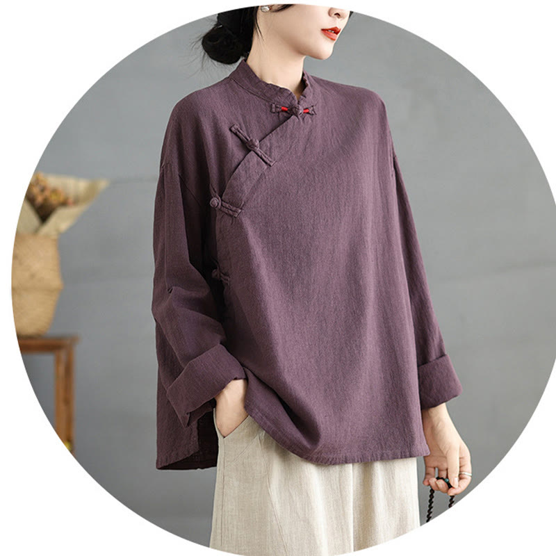 Chemise à manches longues et boutons grenouille de couleur unie Buddha Stones pour femme - image 17