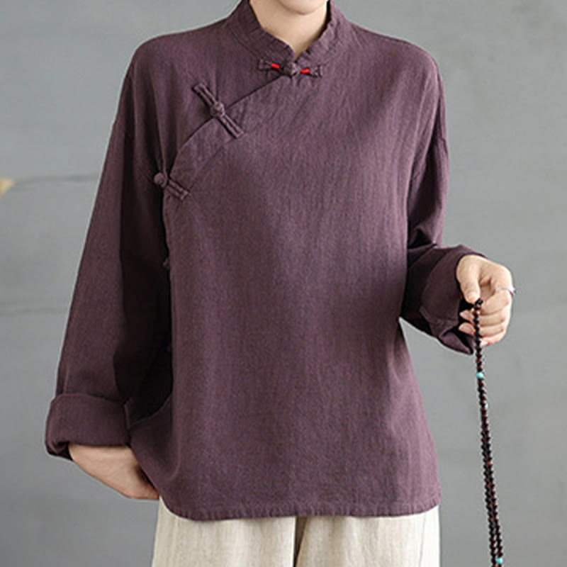 Chemise à manches longues et boutons grenouille de couleur unie Buddha Stones pour femme - image 13