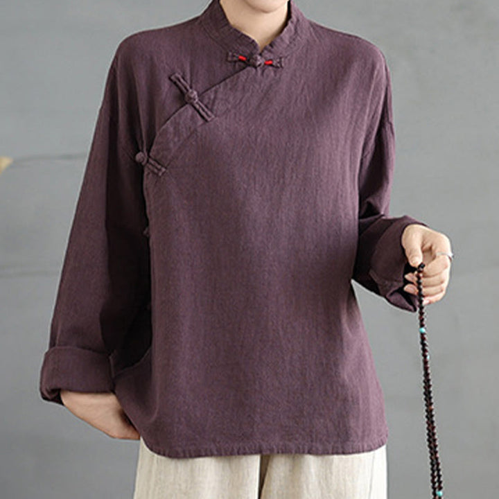 Chemise à manches longues et boutons grenouille de couleur unie Buddha Stones pour femme - image 13