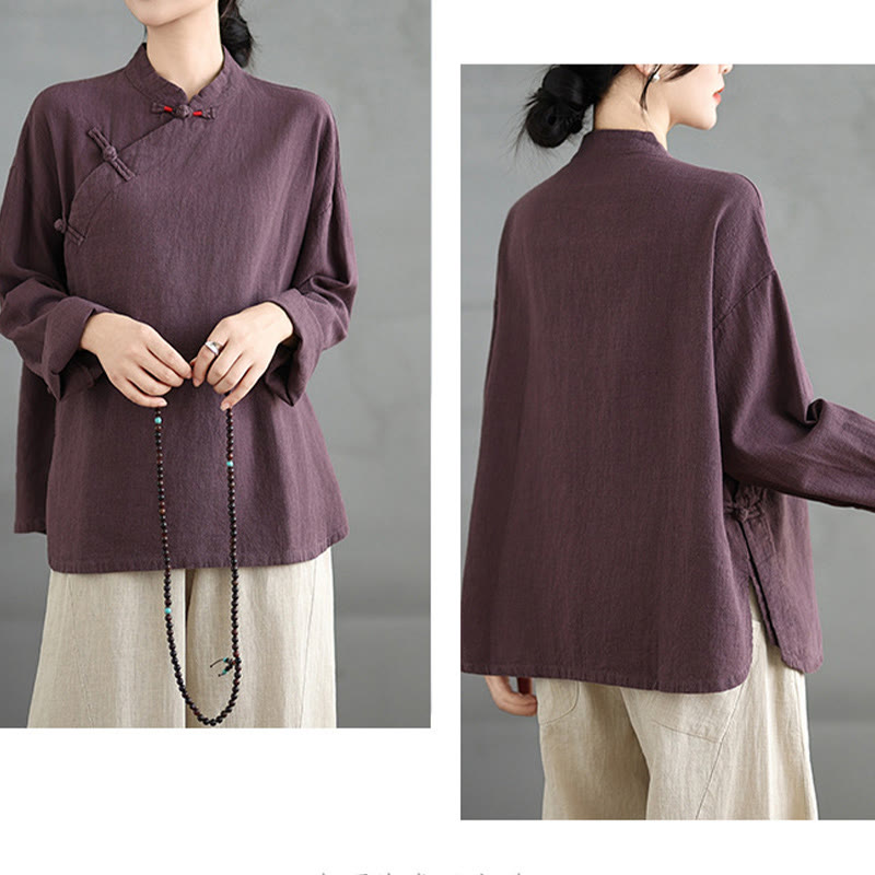 Chemise à manches longues et boutons grenouille de couleur unie Buddha Stones pour femme - image 15