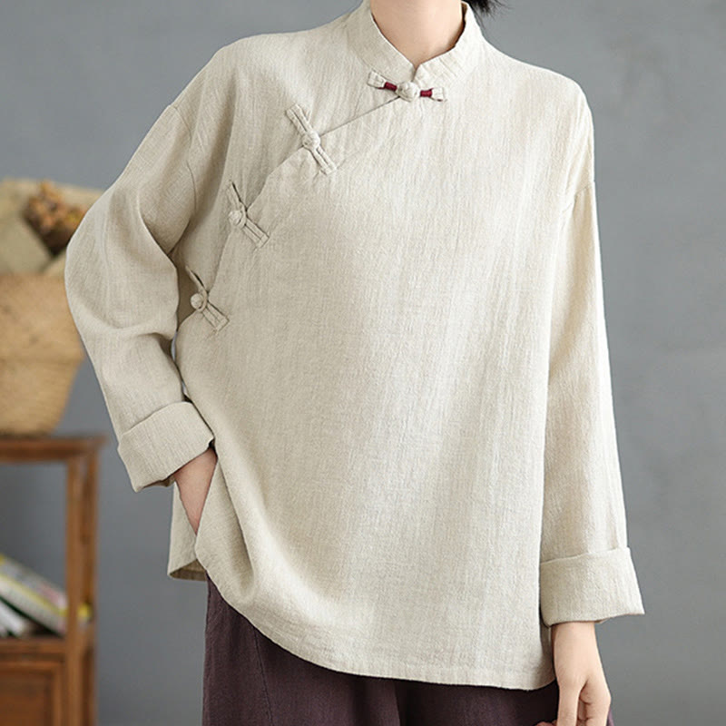 Chemise à manches longues et boutons grenouille de couleur unie Buddha Stones pour femme - image 2