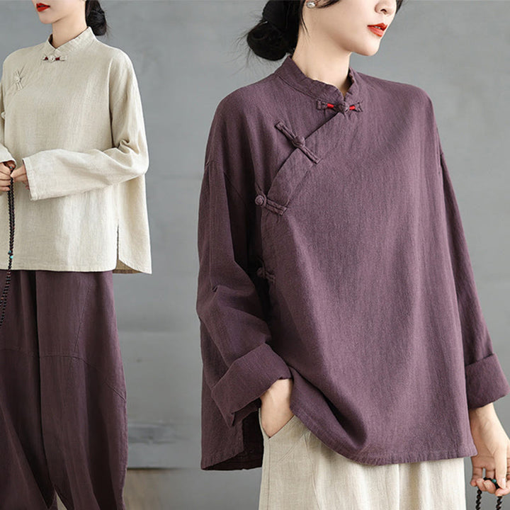 Chemise à manches longues et boutons grenouille de couleur unie Buddha Stones pour femme - image 19