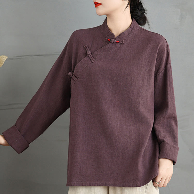 Chemise à manches longues et boutons grenouille de couleur unie Buddha Stones pour femme - image 14
