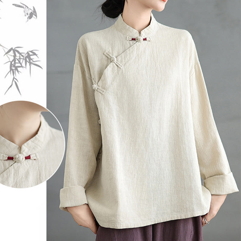 Chemise à manches longues et boutons grenouille de couleur unie Buddha Stones pour femme - image 18