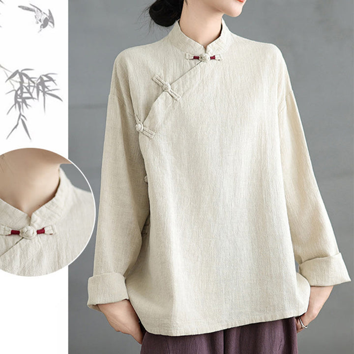 Chemise à manches longues et boutons grenouille de couleur unie Buddha Stones pour femme - image 18