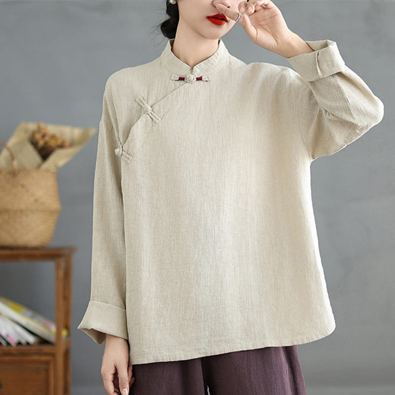 Chemise à manches longues et boutons grenouille de couleur unie Buddha Stones pour femme - image 1