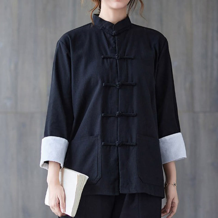 Chemise à manches longues et boutons de grenouille pour femme Buddha Stones Pantalon de méditation Vêtements en coton et lin - Chemise noire - US8-10，UK/AU12-14，EU40-42 (2XL) - image 4