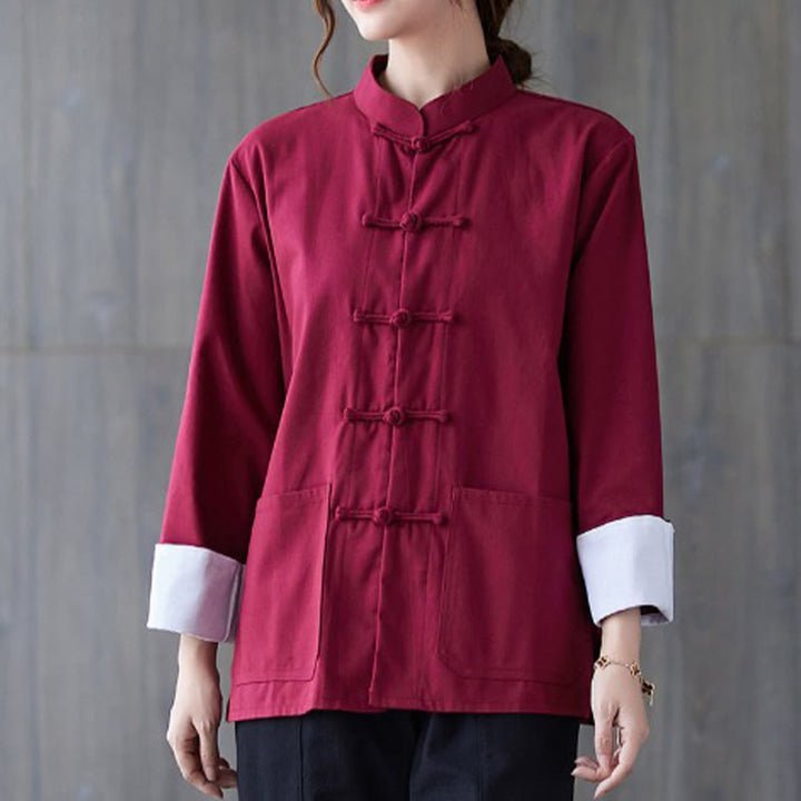 Ensemble de méditation pour femme Buddha Stones : chemise à manches longues et pantalon à boutons grenouille. - Chemise bordeaux - US8-10，UK/AU12-14，EU40-42 (2XL) - image 7