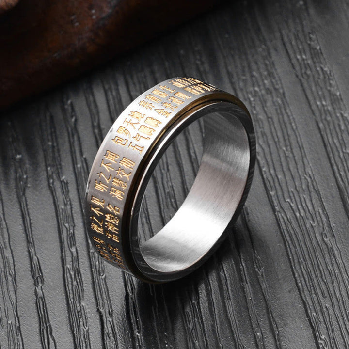 Bague rotative en acier titane avec Buddha Stones Bagua Yin Yang et caractères chinois