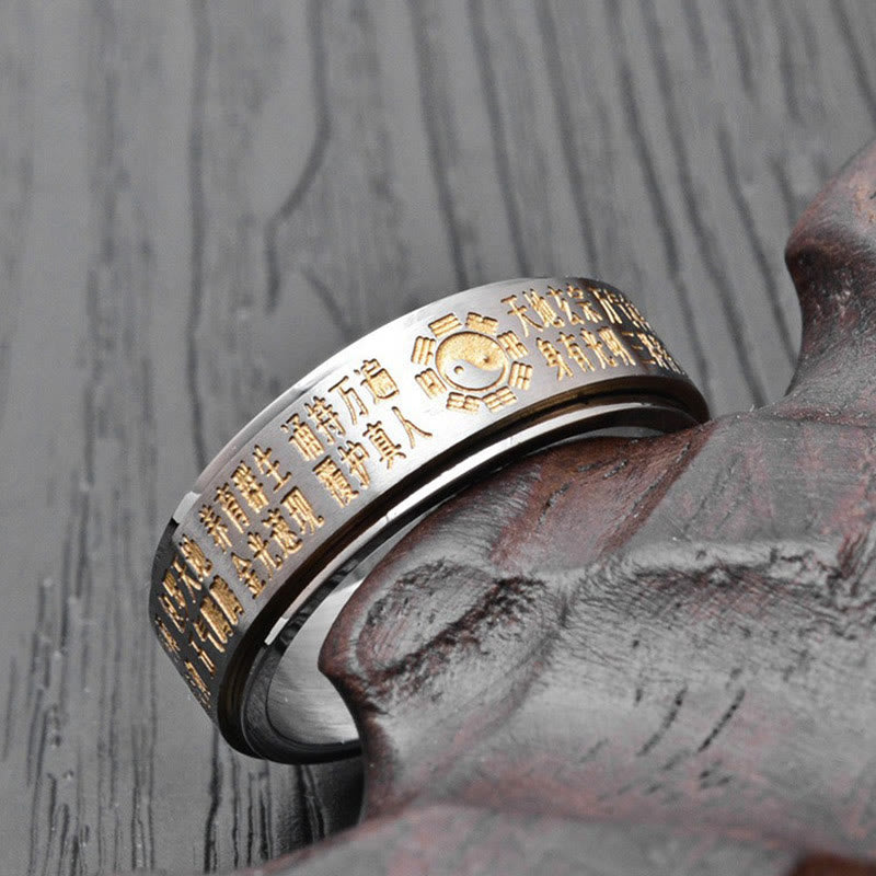 Bague rotative en acier titane avec Buddha Stones Bagua Yin Yang et caractères chinois