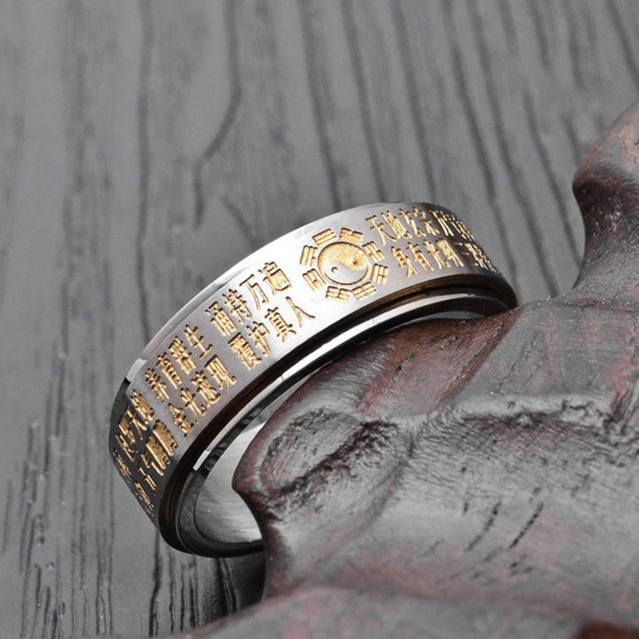 Bague rotative en acier titane avec Buddha Stones Bagua Yin Yang et caractères chinois