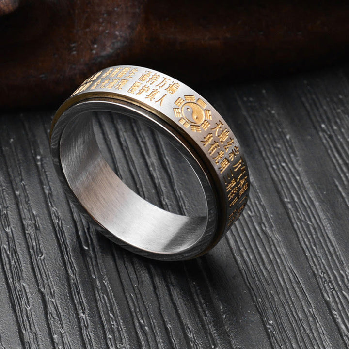 Bague rotative en acier titane avec Buddha Stones Bagua Yin Yang et caractères chinois