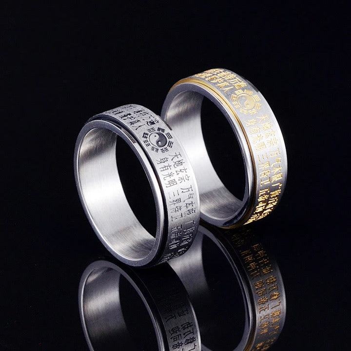 Bague rotative en acier titane avec Buddha Stones Bagua Yin Yang et caractères chinois