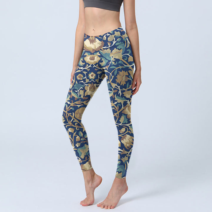 Leggings de sport à motif de fleurs de lotus interconnectées avec Buddha Stones Pantalon de yoga pour femme - Bleu foncé - US18，UK/AU22，EU50 (4XL) - image 0