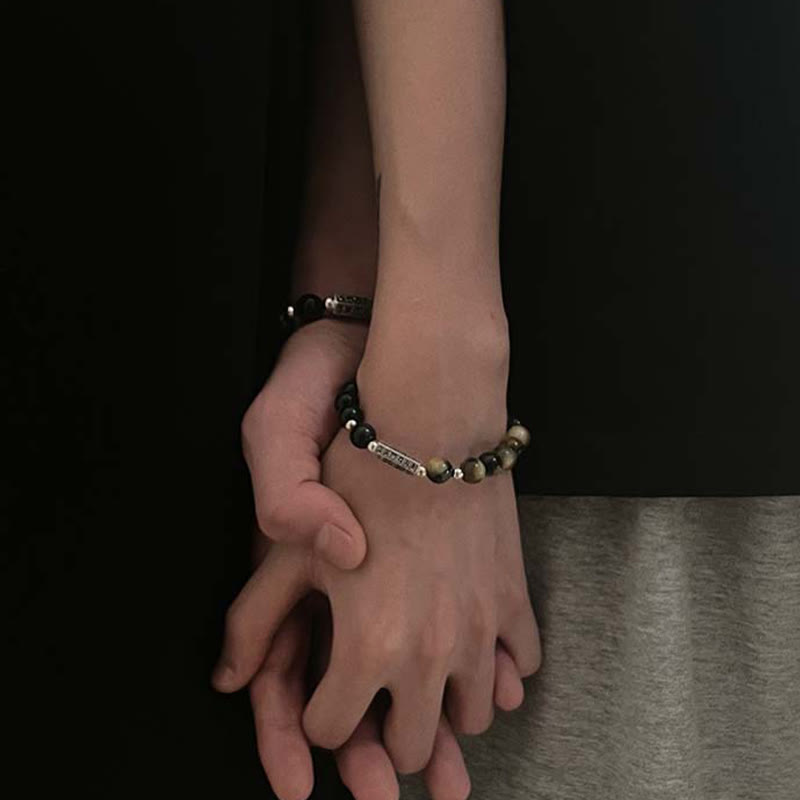 Bracelet en obsidienne noire naturelle et œil de tigre avec six mots vrais « om Mani Padme Hum » et force et amour