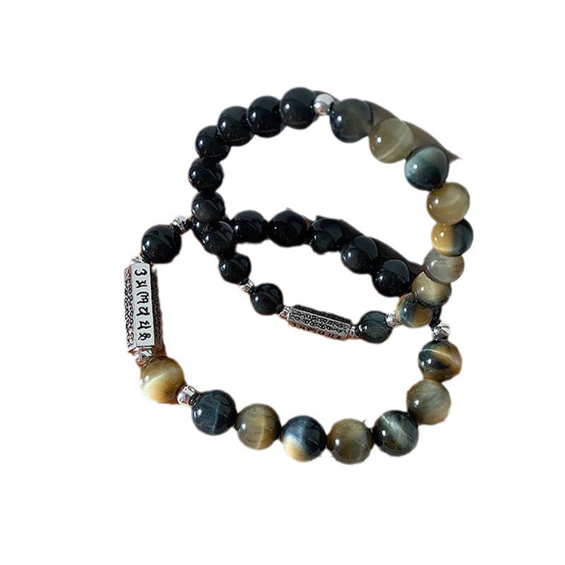Bracelet en obsidienne noire naturelle et œil de tigre avec six mots vrais « om Mani Padme Hum » et force et amour