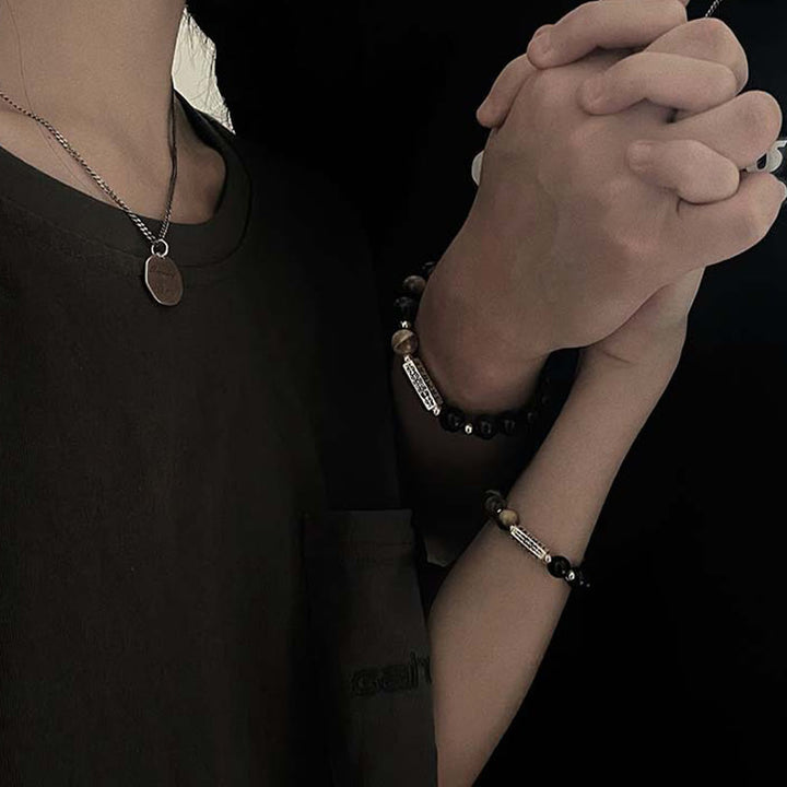 Bracelet en obsidienne noire naturelle et œil de tigre avec six mots vrais « om Mani Padme Hum » et force et amour
