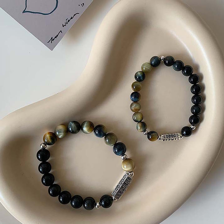 Bracelet en obsidienne noire naturelle et œil de tigre avec six mots vrais « om Mani Padme Hum » et force et amour