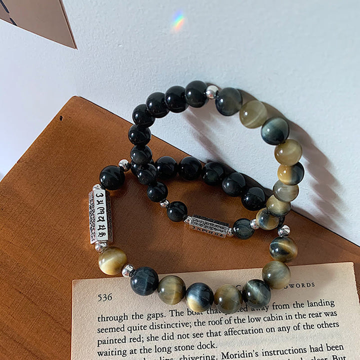 Bracelet en obsidienne noire naturelle et œil de tigre avec six mots vrais « om Mani Padme Hum » et force et amour