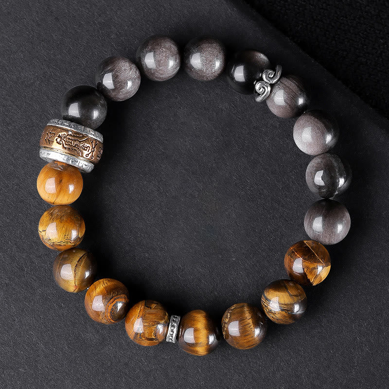 Bracelet de force en Buddha Stones naturelle argentée et brillante avec six mots vrais « om Mani Padme Hum » et œil de tigre