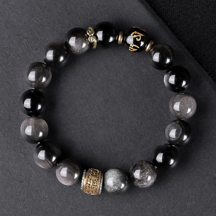 Bracelet de force en Buddha Stones naturelle argentée et brillante avec six mots vrais « om Mani Padme Hum » et œil de tigre