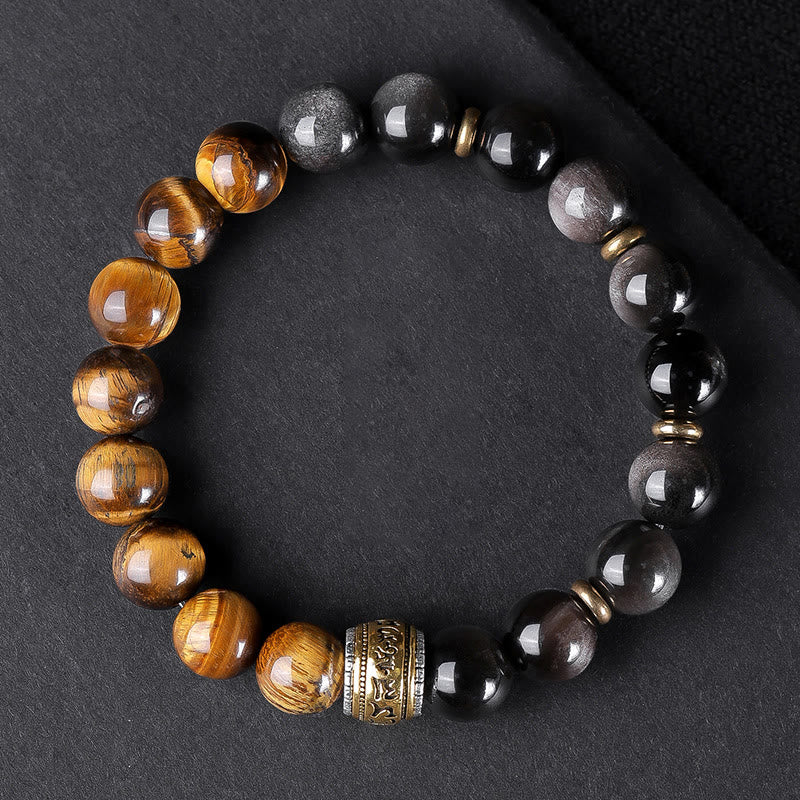 Bracelet de force en Buddha Stones naturelle argentée et brillante avec six mots vrais « om Mani Padme Hum » et œil de tigre