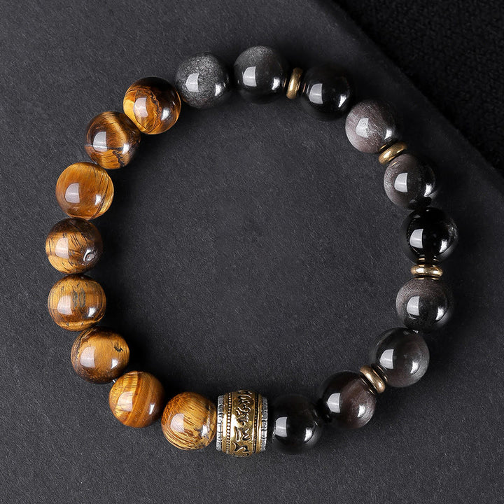 Bracelet de force en Buddha Stones naturelle argentée et brillante avec six mots vrais « om Mani Padme Hum » et œil de tigre