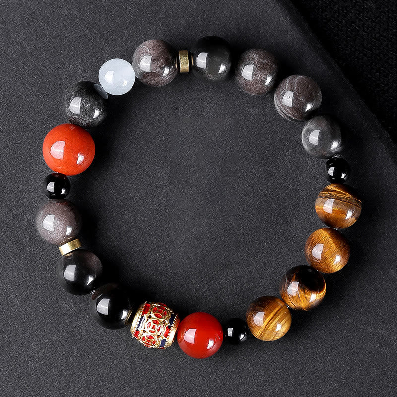 Bracelet de force en Buddha Stones naturelle argentée et brillante avec six mots vrais « om Mani Padme Hum » et œil de tigre