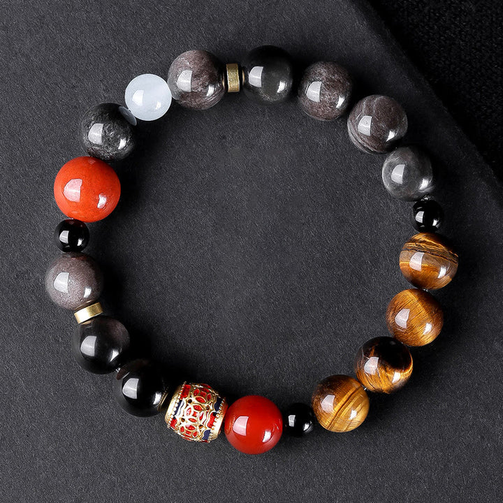 Bracelet de force en Buddha Stones naturelle argentée et brillante avec six mots vrais « om Mani Padme Hum » et œil de tigre