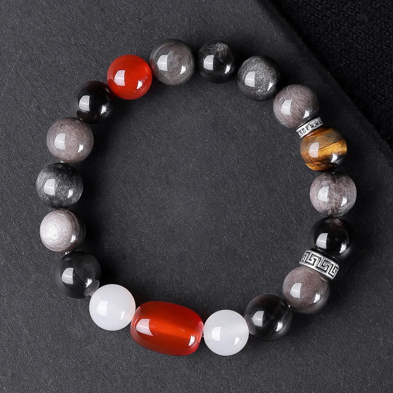 Bracelet de force en Buddha Stones naturelle argentée et brillante avec six mots vrais « om Mani Padme Hum » et œil de tigre