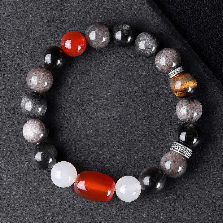 Bracelet de force en Buddha Stones naturelle argentée et brillante avec six mots vrais « om Mani Padme Hum » et œil de tigre