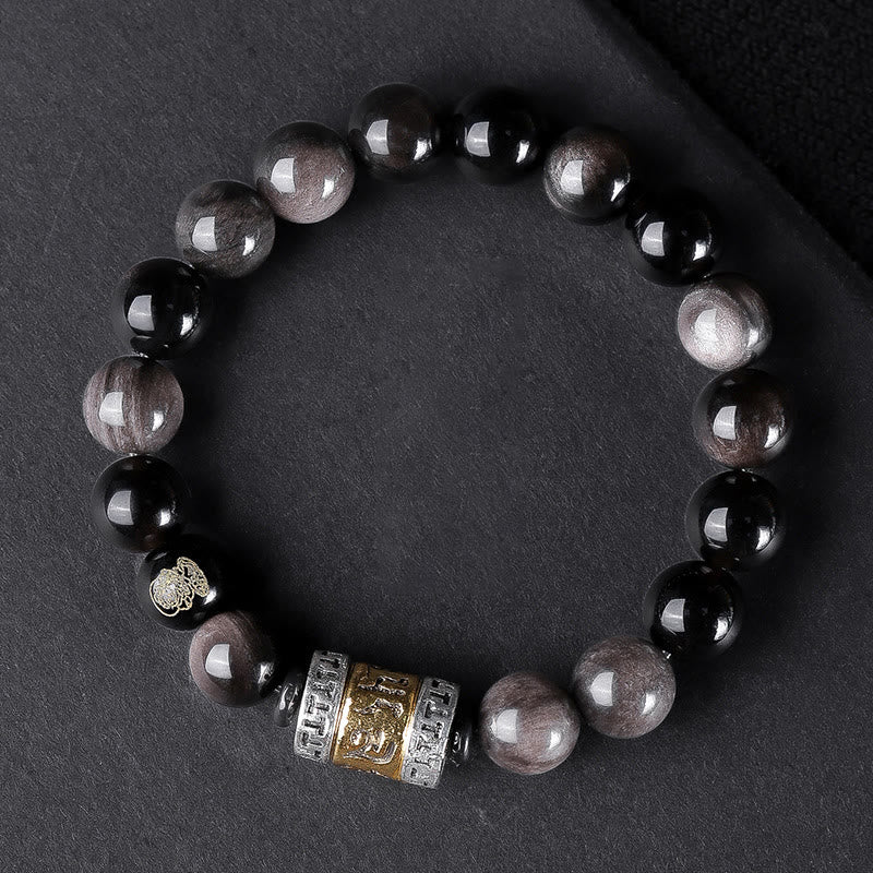 Bracelet de force en Buddha Stones naturelle argentée et brillante avec six mots vrais « om Mani Padme Hum » et œil de tigre