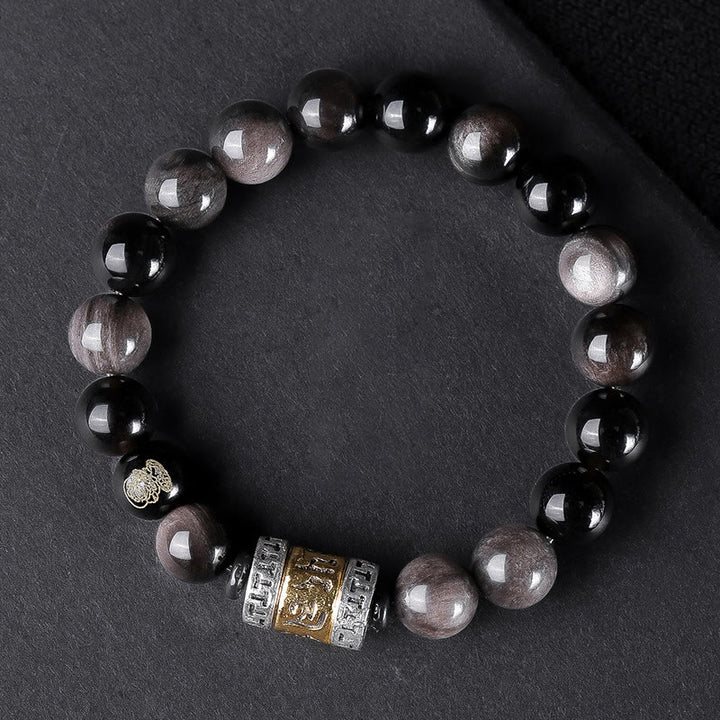 Bracelet de force en Buddha Stones naturelle argentée et brillante avec six mots vrais « om Mani Padme Hum » et œil de tigre