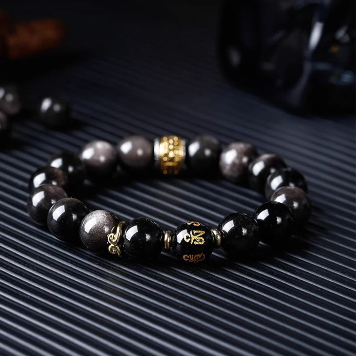 Bracelet de force en Buddha Stones naturelle argentée et brillante avec six mots vrais « om Mani Padme Hum » et œil de tigre